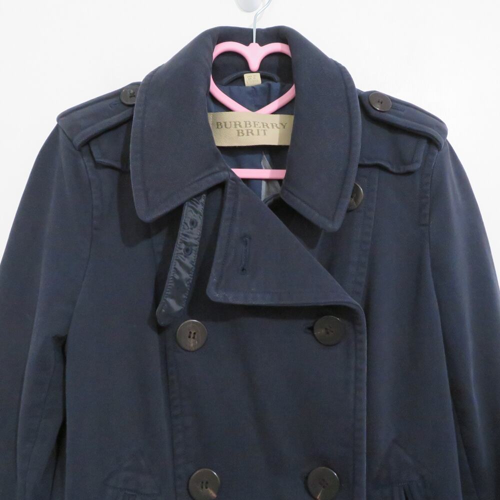 Burberry Brit Women Sz 4 Navy Blue Cotton Double Breasted Peacoat - Picture 3 of 11